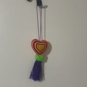 Mexican Heart Ornament Embroidered Pom Pom Tassel Handmade Mexico Folk Art